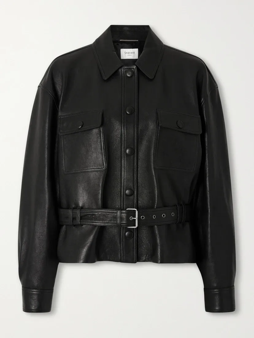 Кожаная куртка с поясом SAINT LAURENT, черный