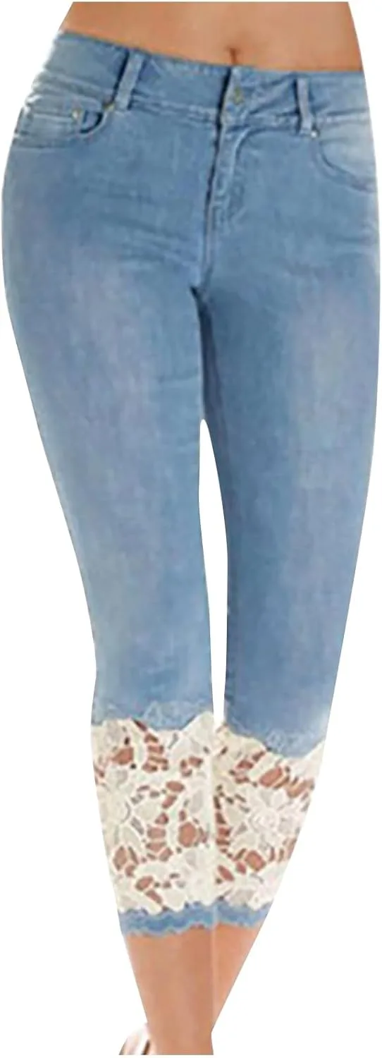

Женские джинсы-капри с кружевной отделкой и карманами, High Waist, Skinny Uillui