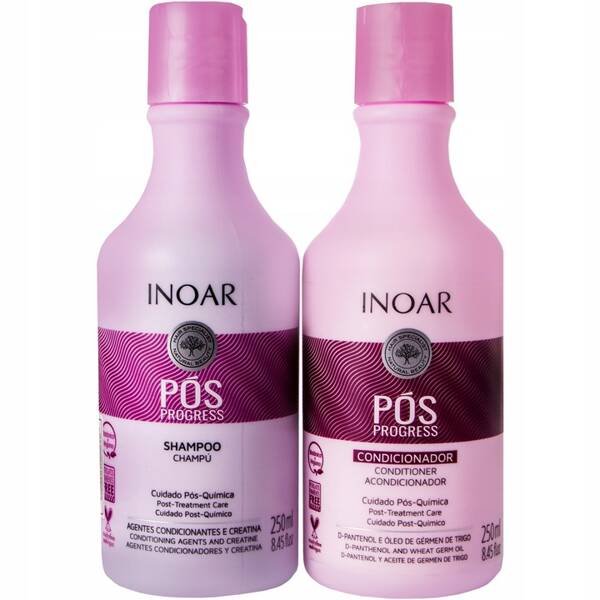 Inoar pos progress Set после кератинового выпрямления волос, шампунь и кондиционер 2x250 мл — фото 3