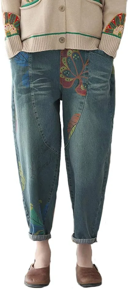 

Женские винтажные укороченные джинсы-шаровары с цветочным принтом MISWSU