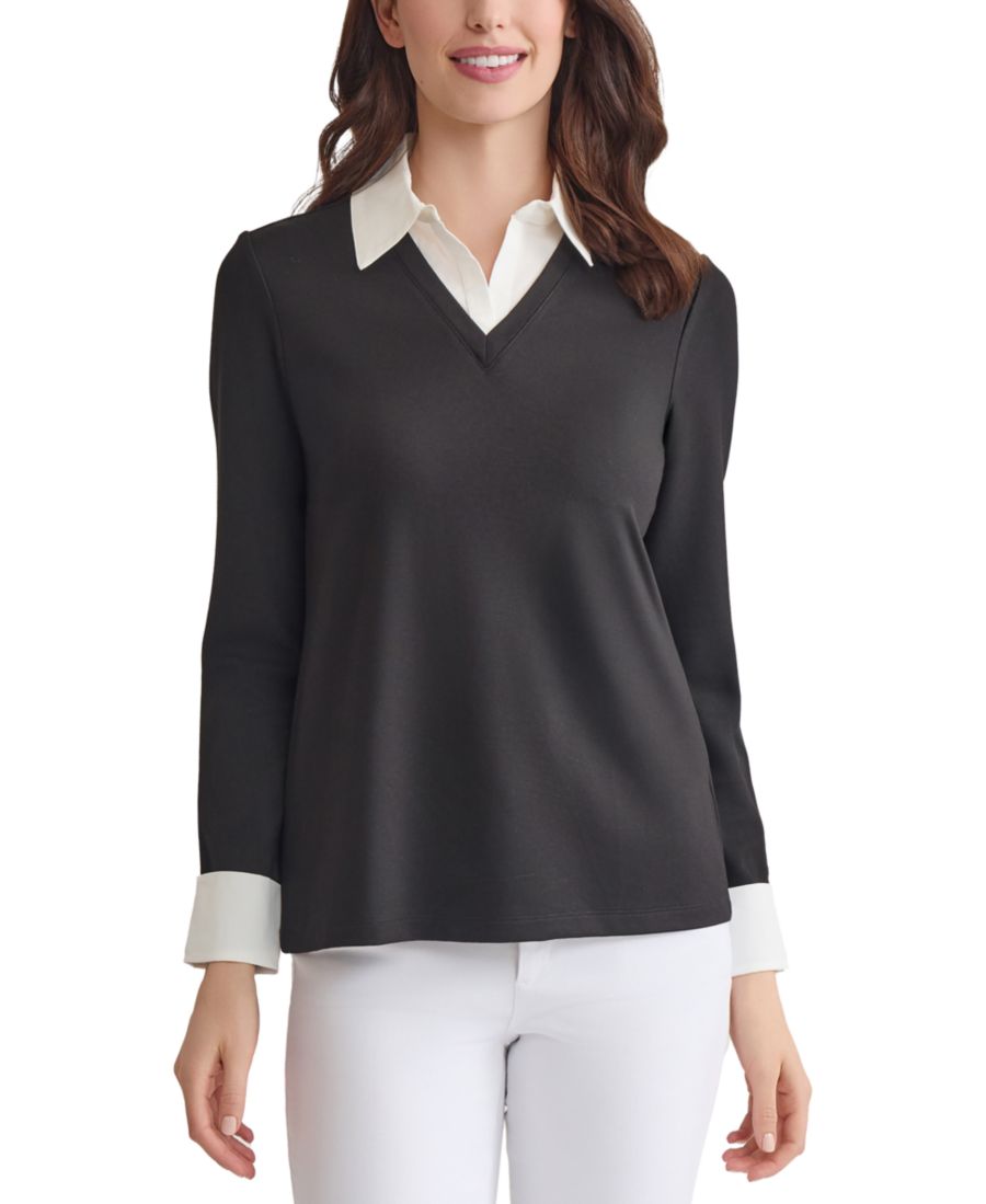 

Укороченный пуловер с V-образным вырезом и длинными рукавами Jones New York, Jones Black