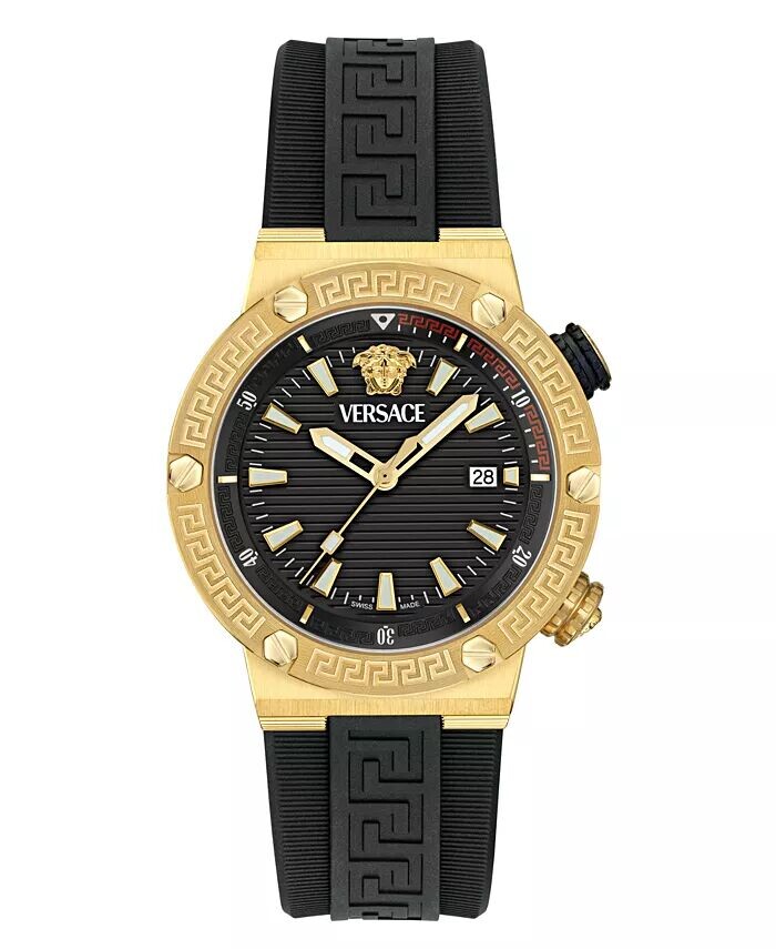 

Мужские швейцарские часы с черным каучуковым ремешком, 43 мм Versace