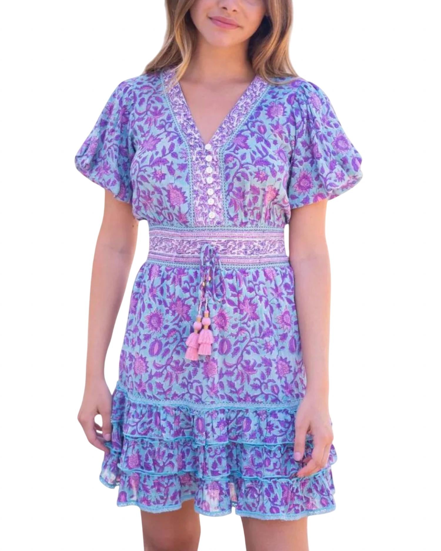 

Мини-платье Annalise с принтом цвета морской волны BELL, цвет teal purple print