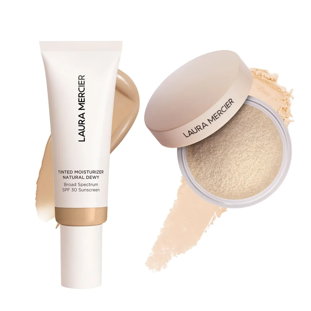Laura Mercier тонирующий увлажняющий крем Natural Dewy SPF 30, 24-часовая гидратация, оттенок 2C Oak и рассыпчатая пудра Ultra-Blur с гиалуроновой кислотой, оттенок Translucent