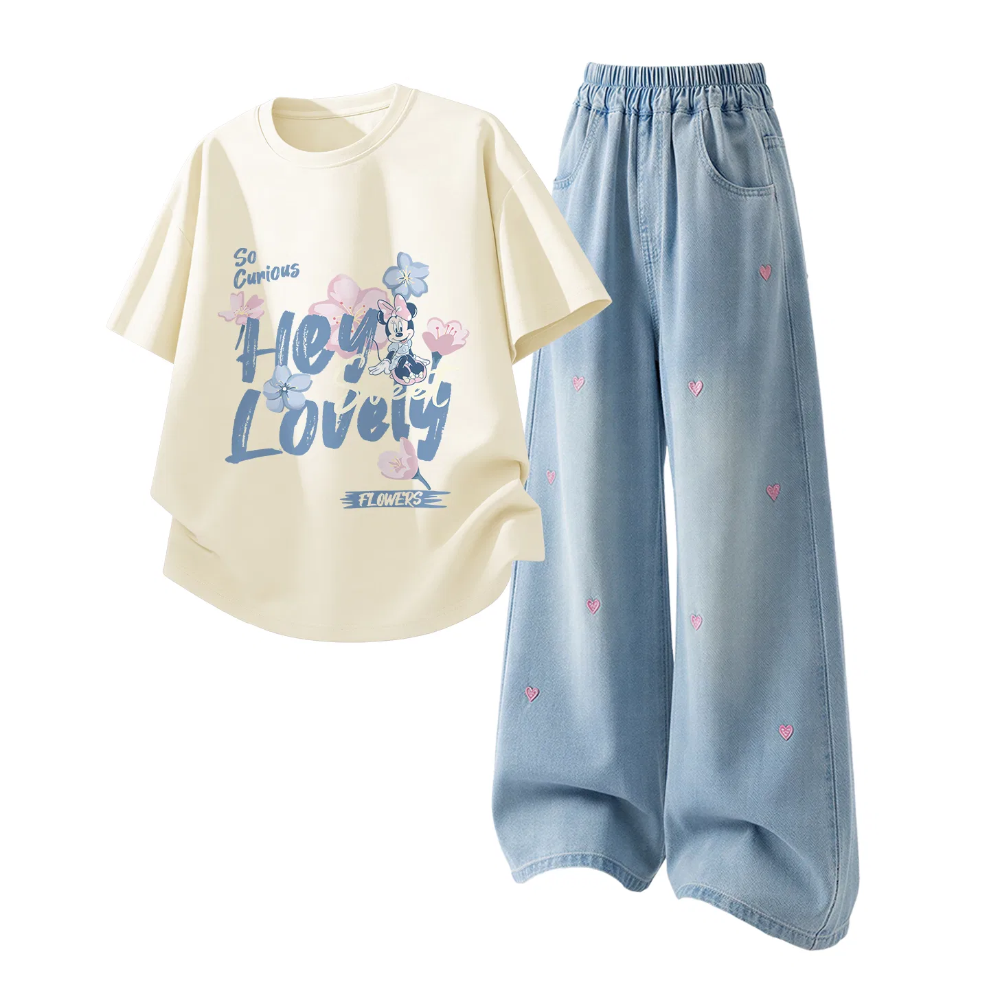 Детский спортивный костюм Casual Sportswear 2 Piece Set Disney, D Surprise K Ivory White+Solid Color Denim Light Blue — фото 4