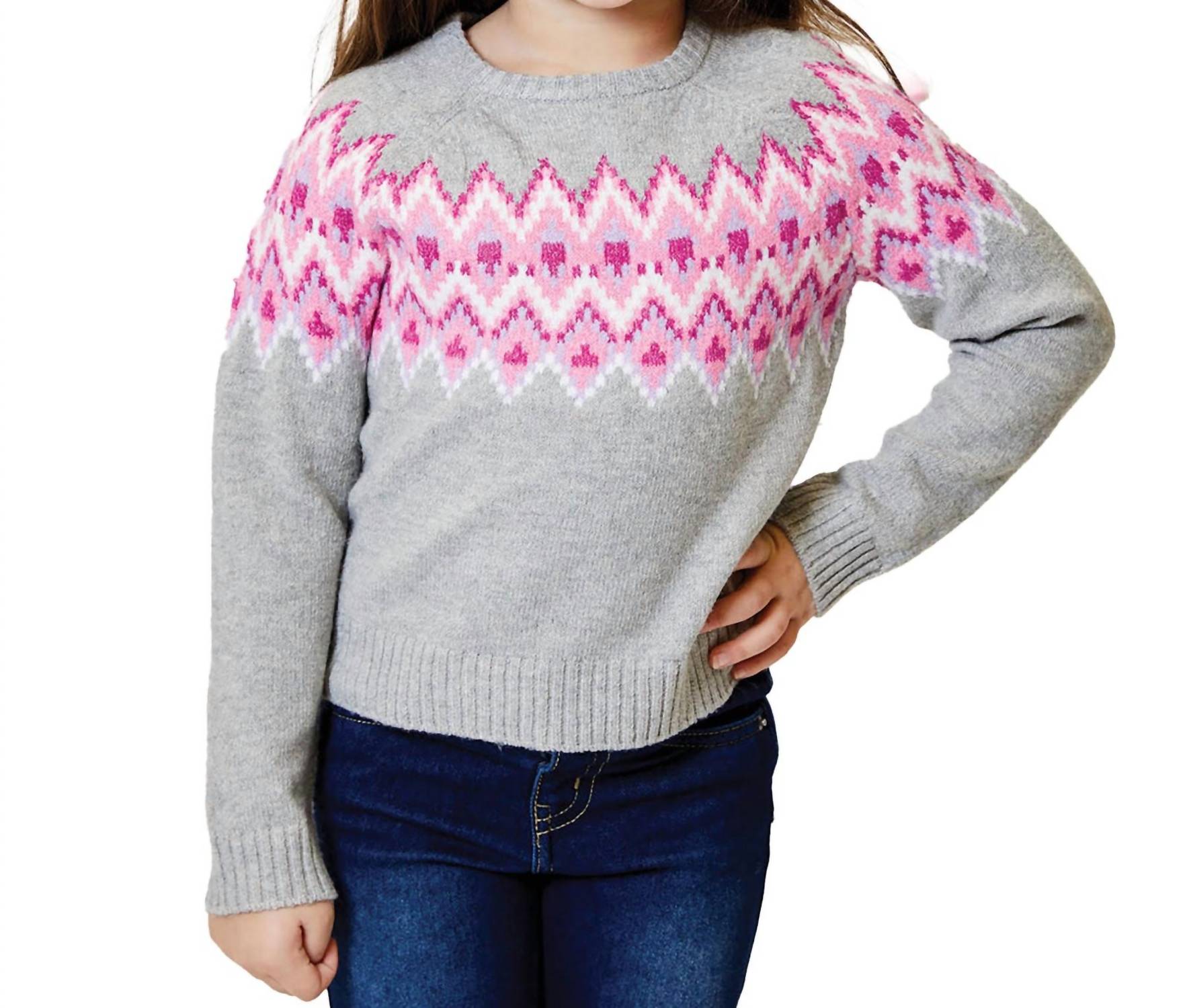 

Детский свитер в технике фэр-айл серо-розовый Design History