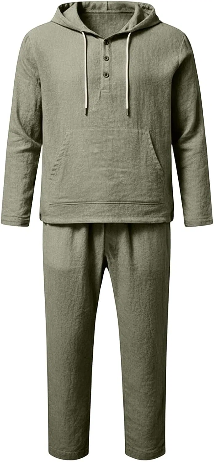Мужской спортивный костюм из льна, куртка и брюки, Green — фото 4