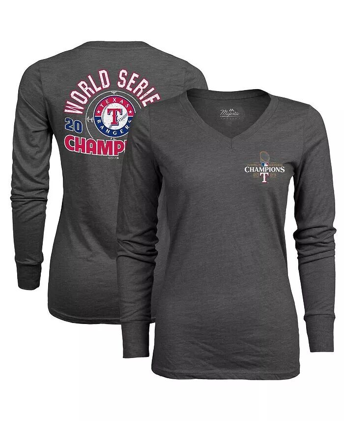 

Женская темно-серая футболка Texas Rangers 2023 World Series Champions Power Play Tri-Blend с v-образным вырезом Majestic