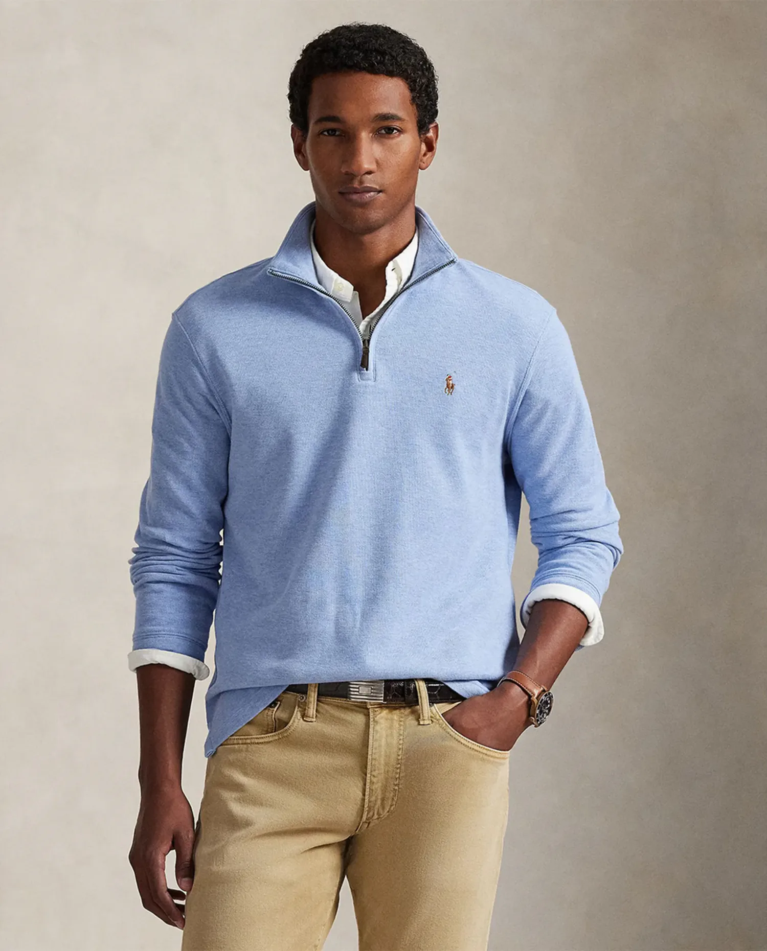 Мужской хлопковый свитер с воротником на половину молнии Polo Ralph Lauren, светло-голубой