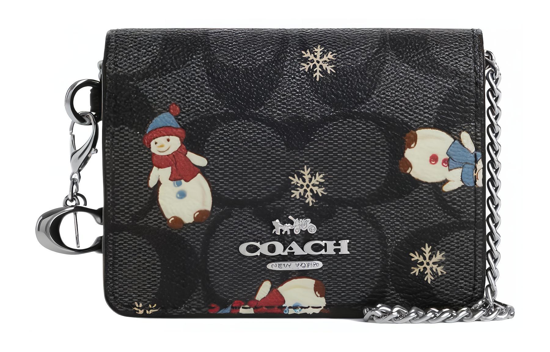 

COACH Сумка через плечо мини женская из коробчатой кожи коровы с принтом снеговика черная