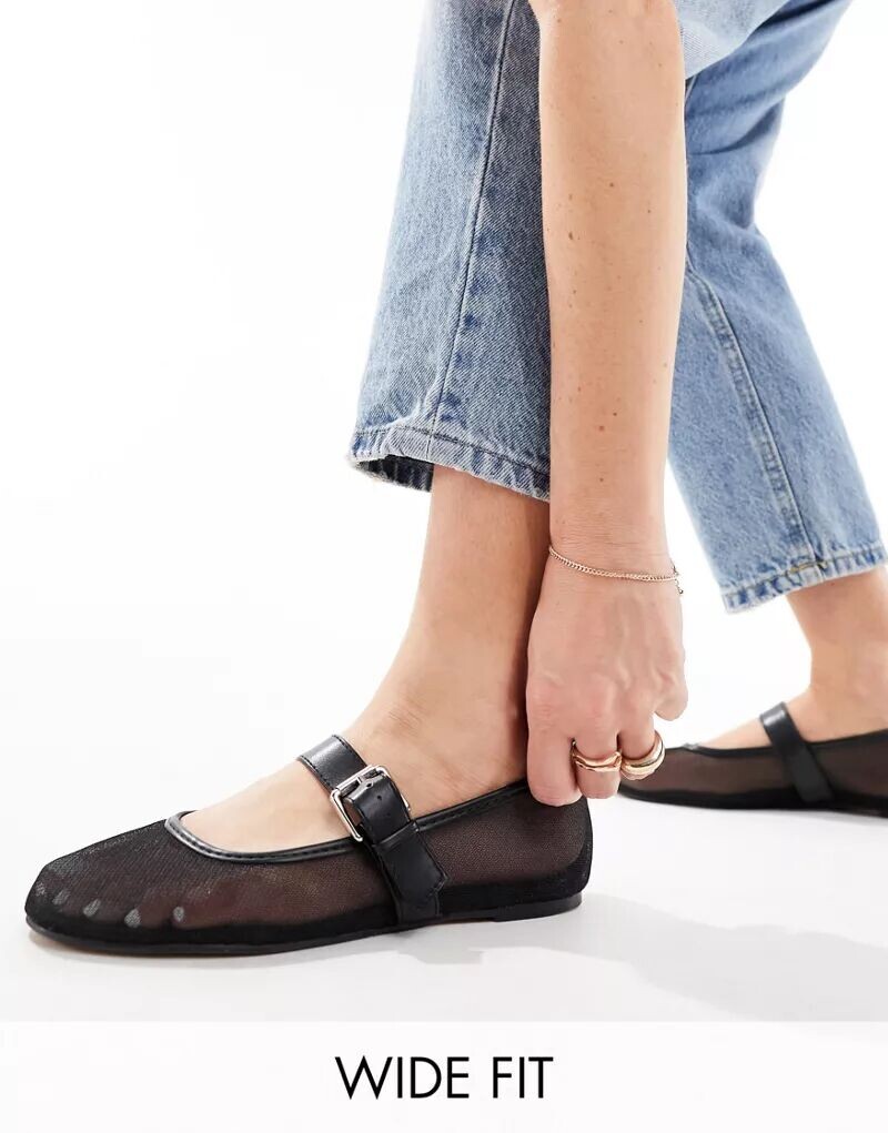 

Черные сетчатые балетки Mary Jane широкого кроя ASOS Wide Fit Lou