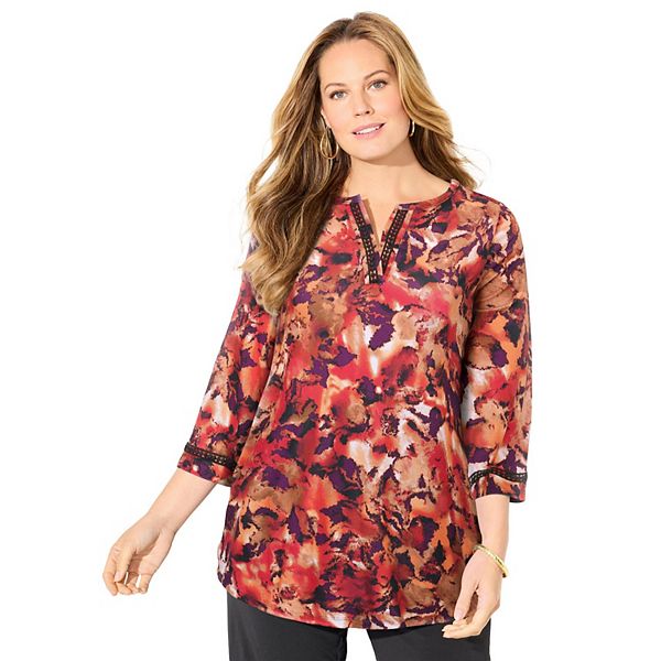 

Женский топ с плюс-сайз, кружевными деталями и расклешенными рукавами Catherines, Rust Abstract Leaf