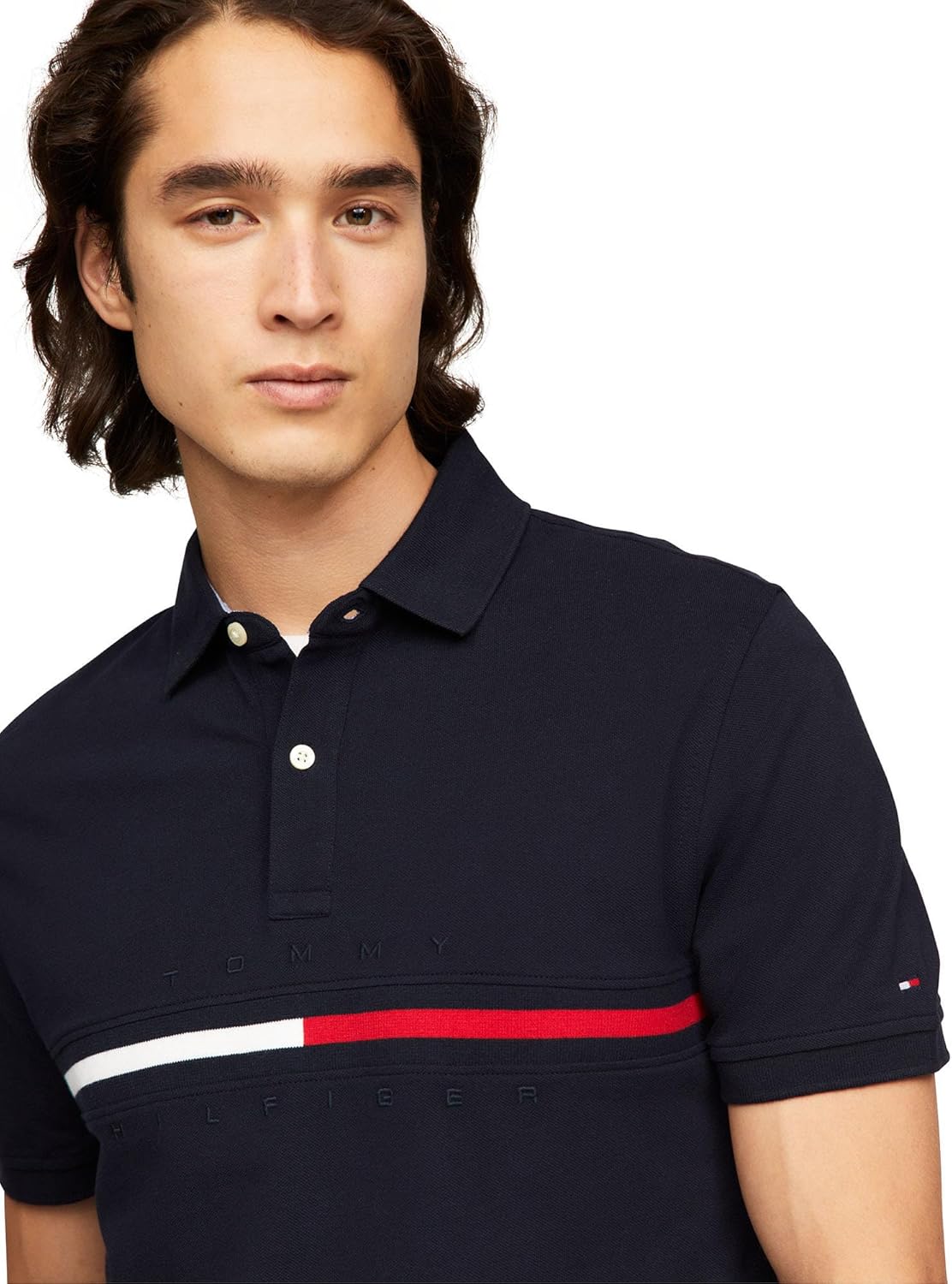 Мужская рубашка поло Tommy Hilfiger с коротким рукавом и принтом флага из хлопка пике, индивидуальный крой, Navy Blazer — фото 2