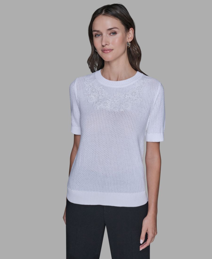 

Женский свитер с круглым вырезом и цветочной отделкой KARL LAGERFELD PARIS, Soft White