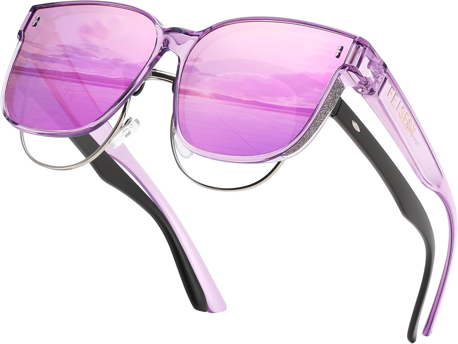 

Солнцезащитные очки FEISEDY, надеваемые поверх обычных очков, увеличенного размера, поляризованные, блестящие, для женщин, защита от ультрафиолета UV400, артикул B0269, Transparent Purple Frame & Purple Mirror Lens