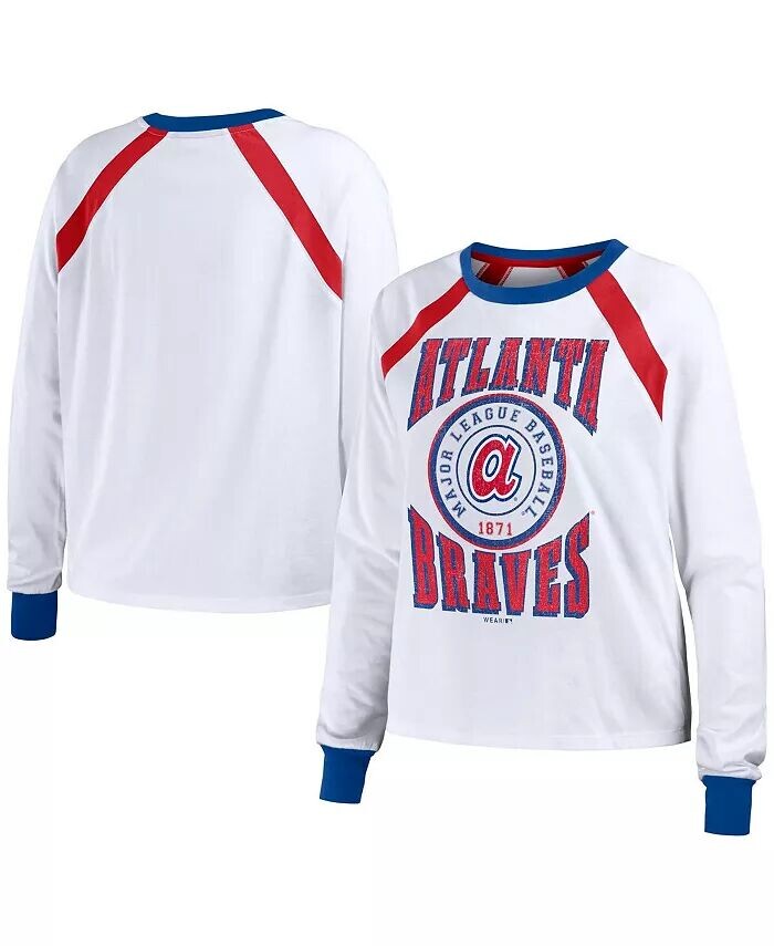 

Женская белая потертая футболка Atlanta Braves с длинным рукавом реглан WEAR by Erin Andrews