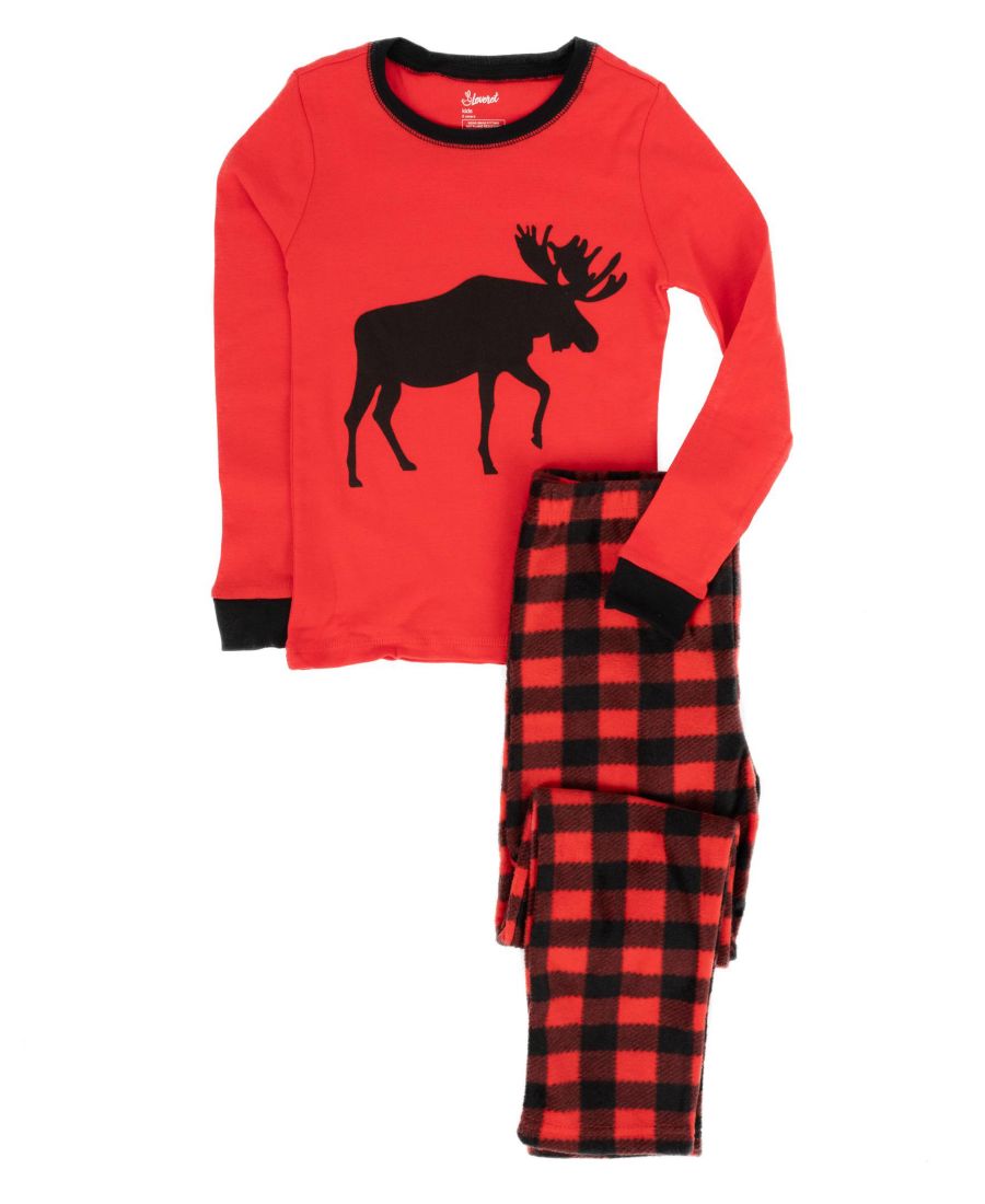 

Детская хлопковая пижама из топа и флисовых штанов для отдыха Leveret, Moose/plaid black & red