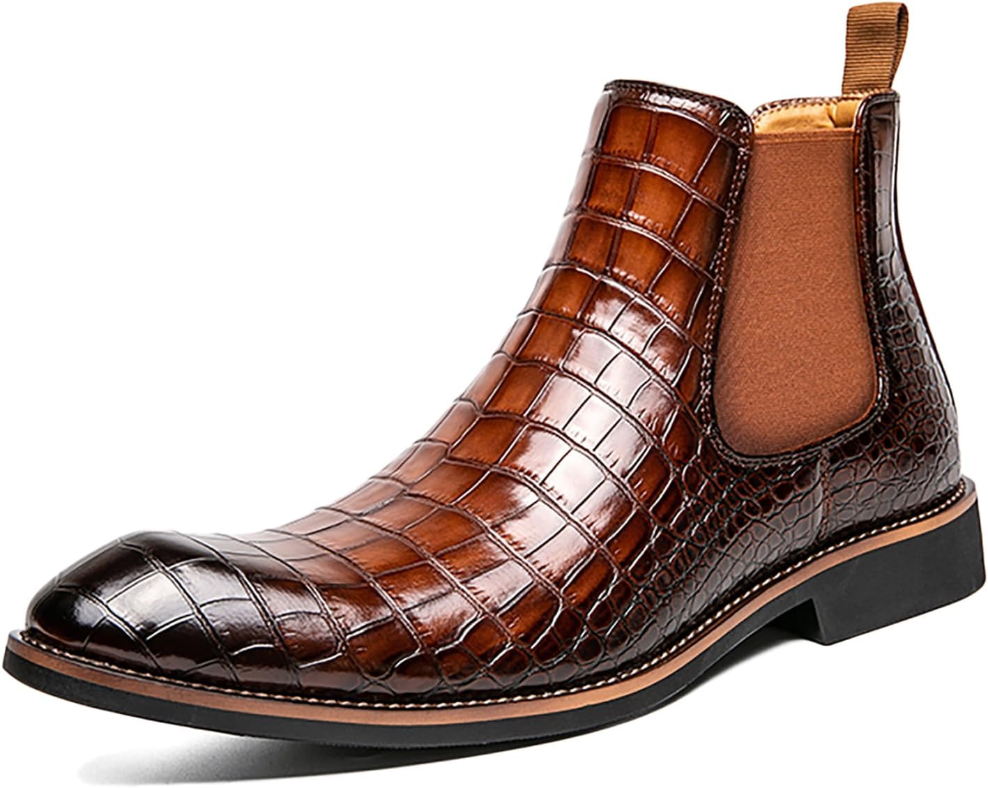 

Мужские кожаные деловые ботинки Челси с заостренным носком и принтом, с эластичной вставкой, модные, удобные, ноские, без шнурков, нескользящие, для повседневной носки и официального стиля, челси-чукка на щиколотку Twodnawk, коричневый