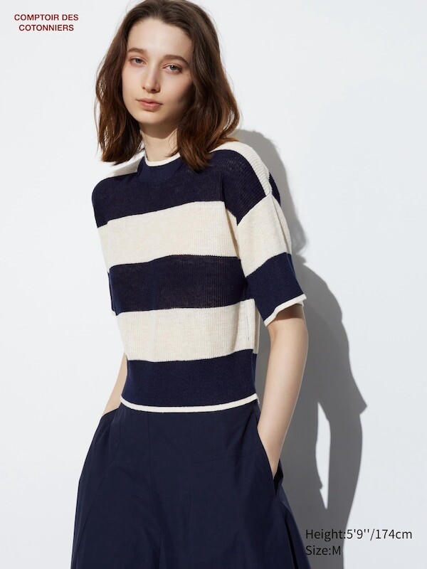 

Льняной джемпер с круглым вырезом половина рукава Uniqlo, синий