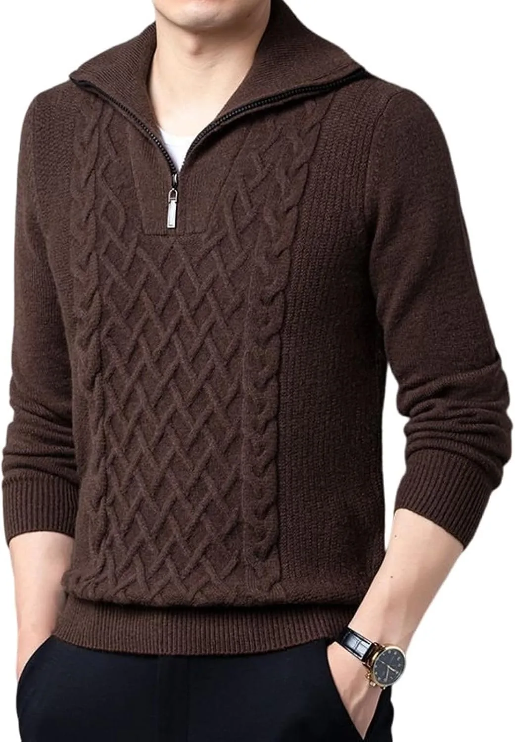 

Мужской свитер с воротником-поло и кабельной вязкой BSXDIKJU