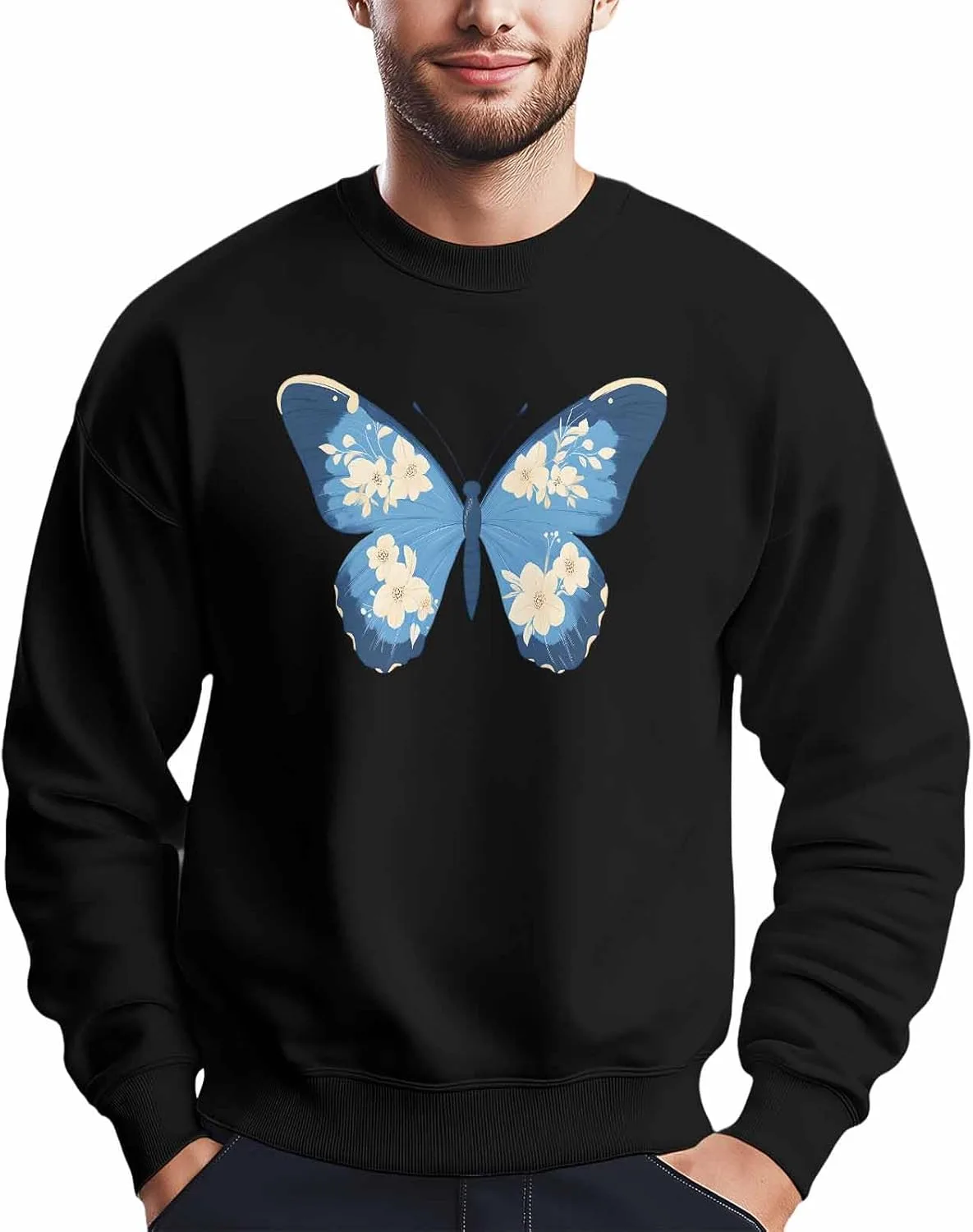 

Мужской свитшот с принтом "синий цветок и бабочка", Crewneck, Long Sleeve Winvebermior