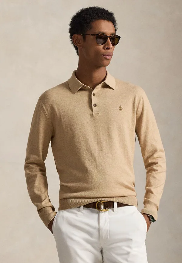 Хлопковый свитер с воротником-поло Polo Ralph Lauren, Camel Melange