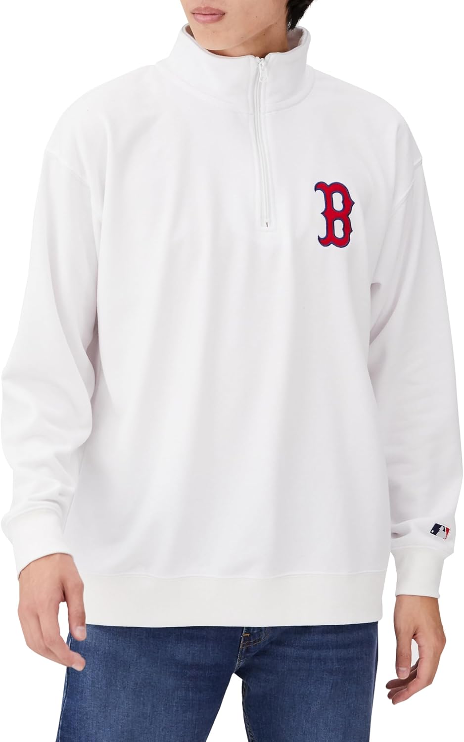 

Толстовка MELB для мужчин и женщин, с застежкой-молнией до середины груди, на флисовой подкладке, пуловер, высокий воротник, принт на спине, длинный рукав, с символикой Главной лиги бейсбола Mlb, белый/красный