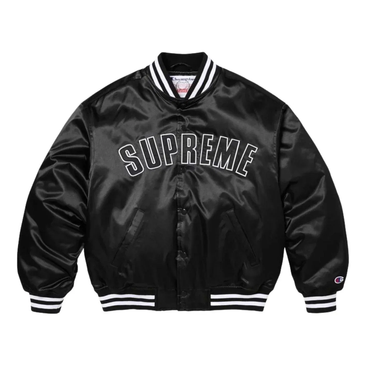 Куртка-бомбер Supreme x Champion SS26 из атласа, черная, SUP-SS26-170-BLK