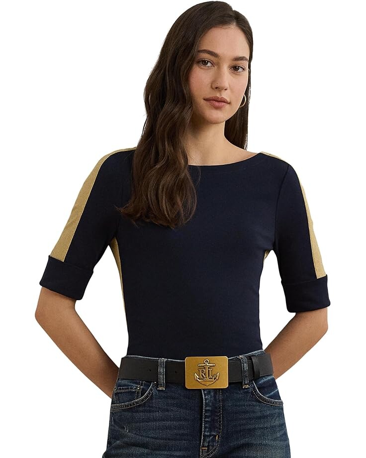 

Футболка Lauren Ralph Lauren Two-Tone Stretch Cotton Elbow-Sleeve Tee, цвет Lauren Navy/Relic Gold