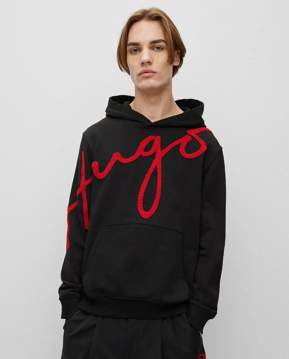 

Мужская толстовка с капюшоном из хлопкового флиса с вышитым логотипом экстра-большого размера Hugo, черный