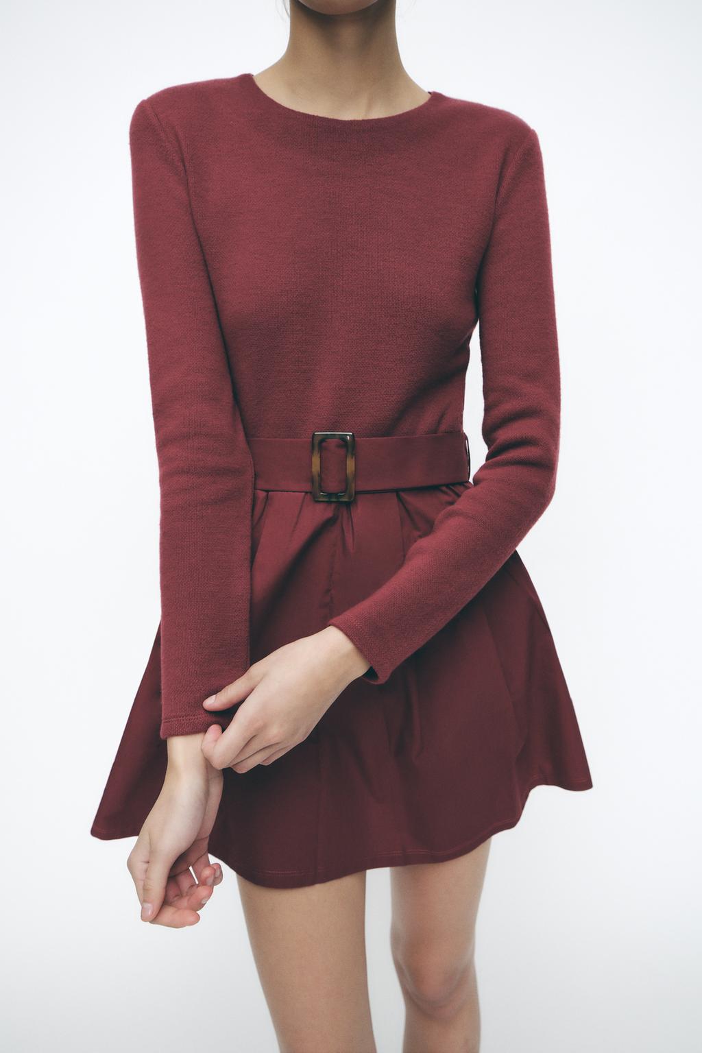

Платье с поясом в тон ZARA, бордовый