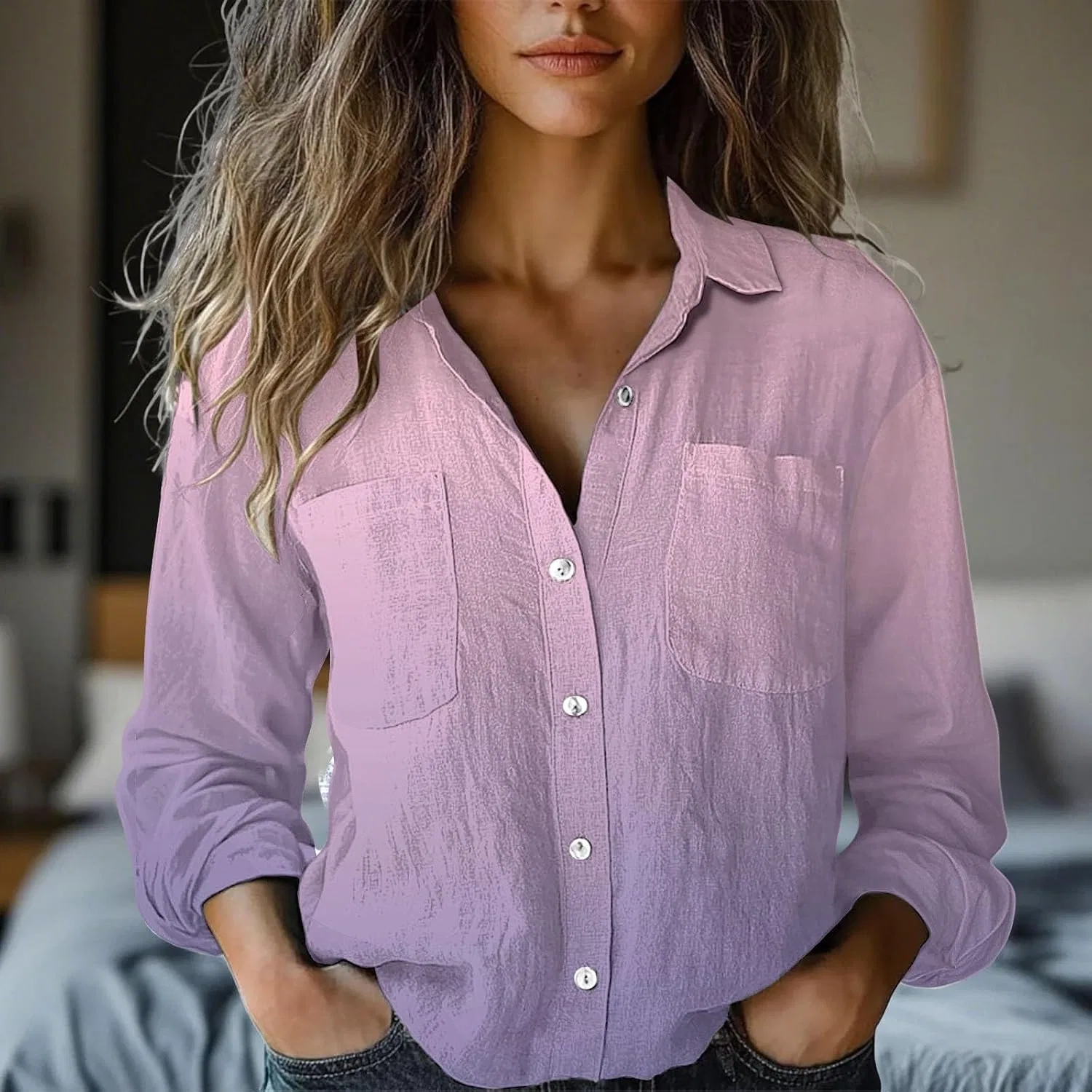 Блуза с принтом, длинный рукав Women's Long Sleeve Printed Button Down Shirt, бренд, фиолетовый — фото 4