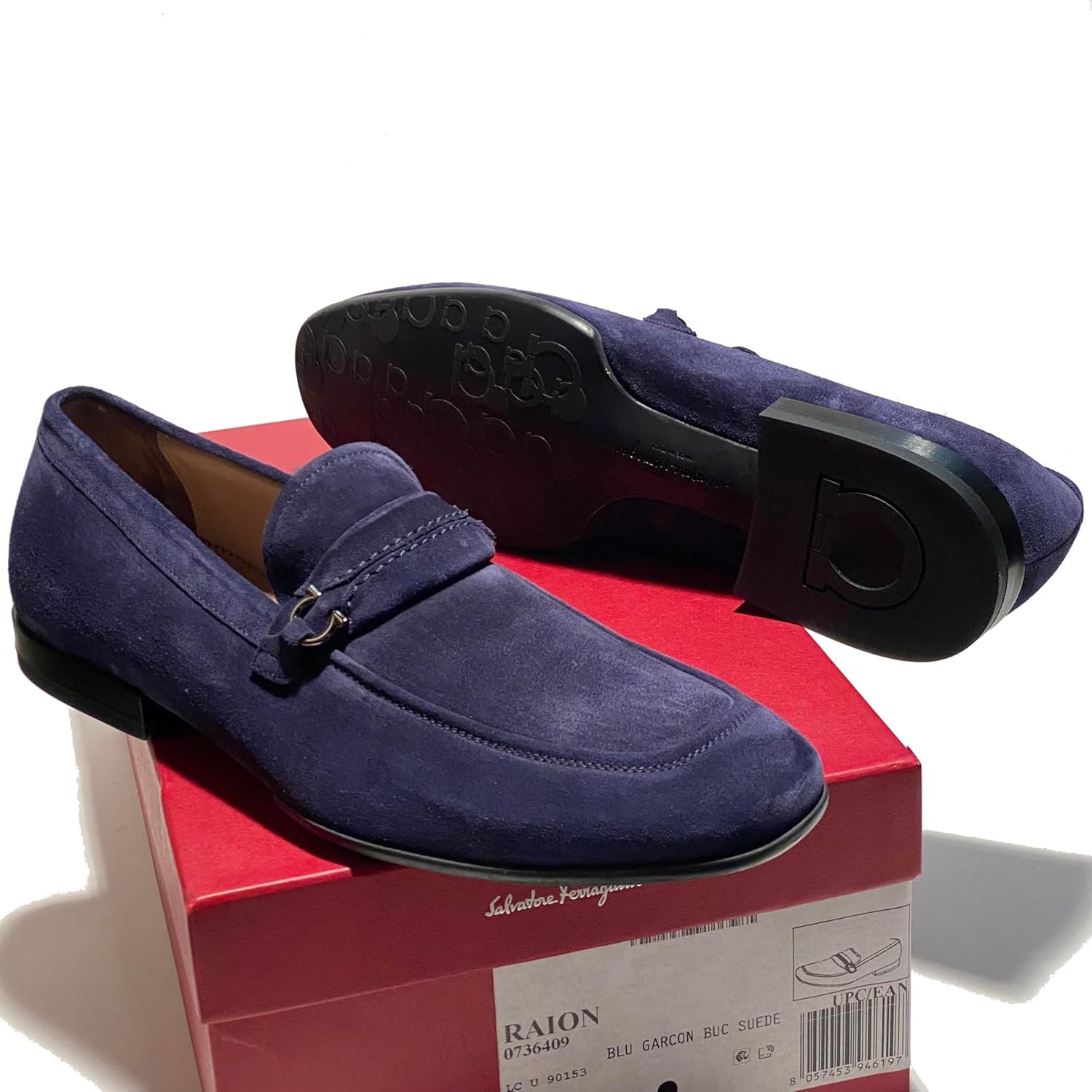 Мужские классические лоферы Ferragamo Gancini RAION Bit темно-синего цвета (BLU Garson) из замшевой кожи (Salvatore) — фото 4