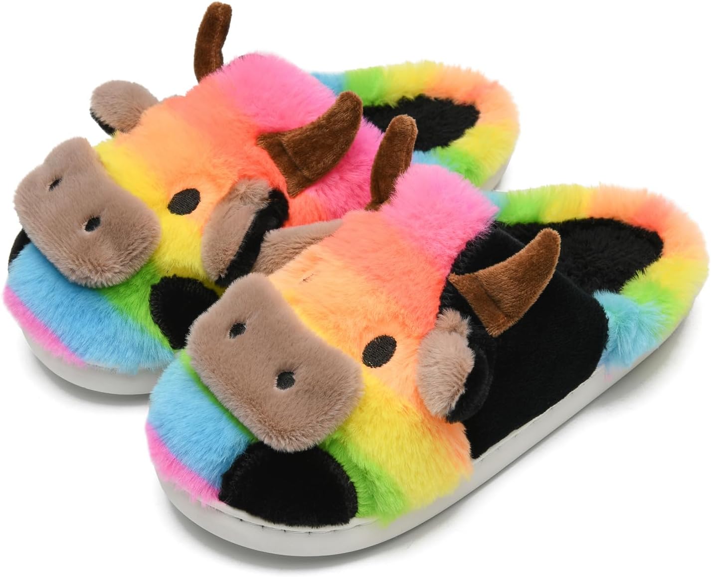 Домашние тапочки Sharllen Fuzzy Cow для детей, милые пушистые тапочки в виде коровы, детская обувь для девочек и мальчиков, мультяшные тапочки для дома, для использования внутри и на улице, Rainbow — фото 2
