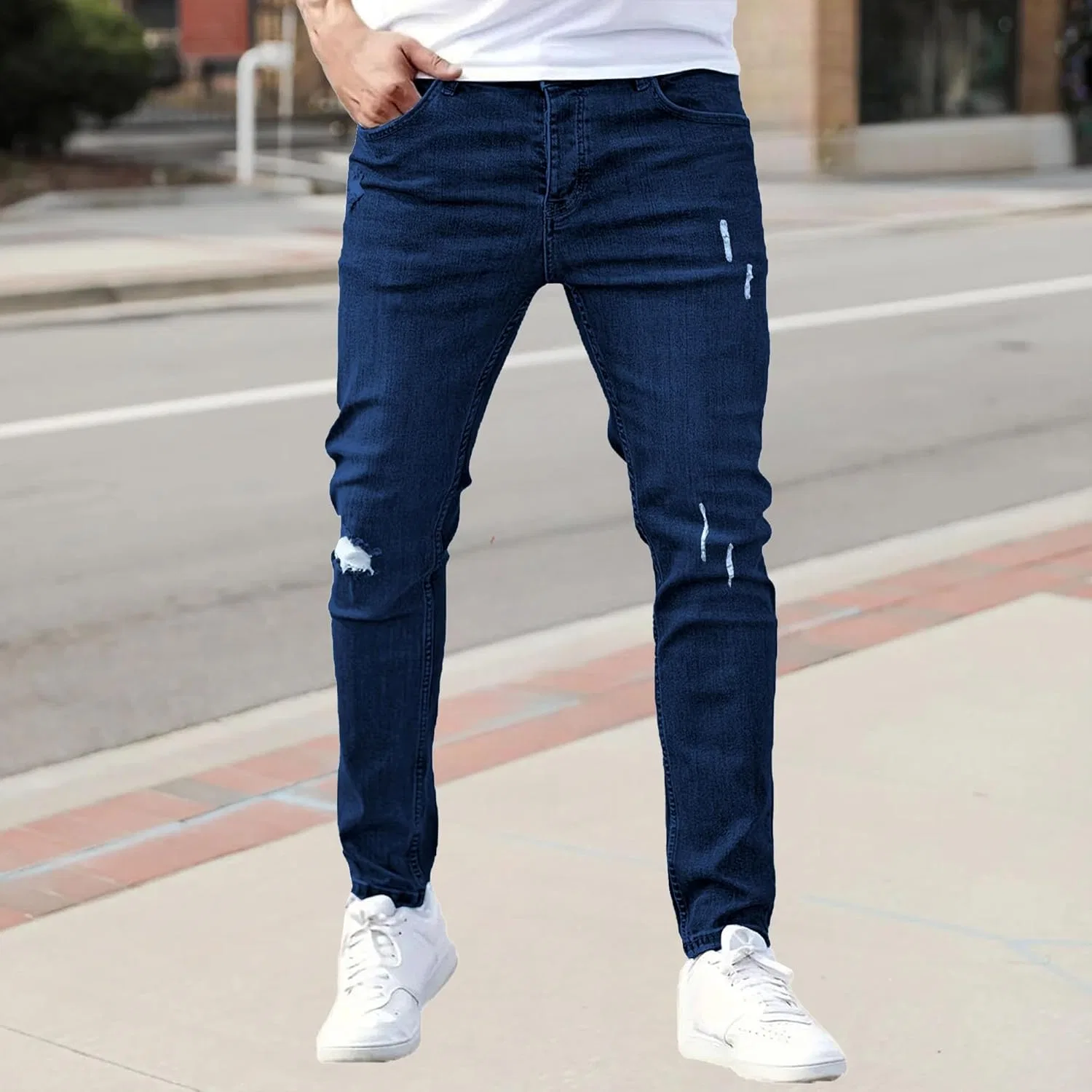 Джинсы stretch slim fit рваные, синие — фото 2