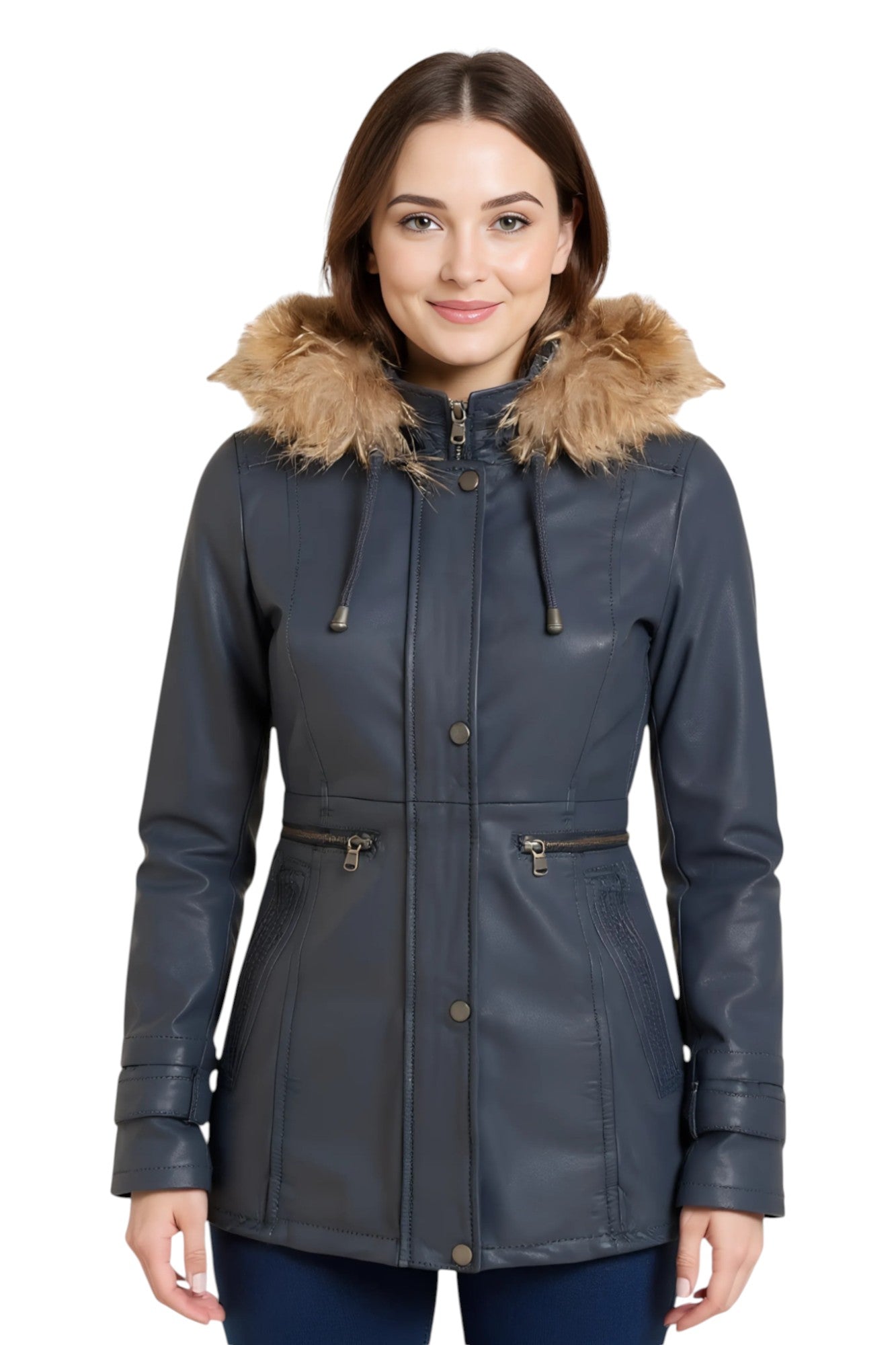 

Женская светло-коричневая кожаная куртка-парка с капюшоном - Charleville Infinity Leather, синий