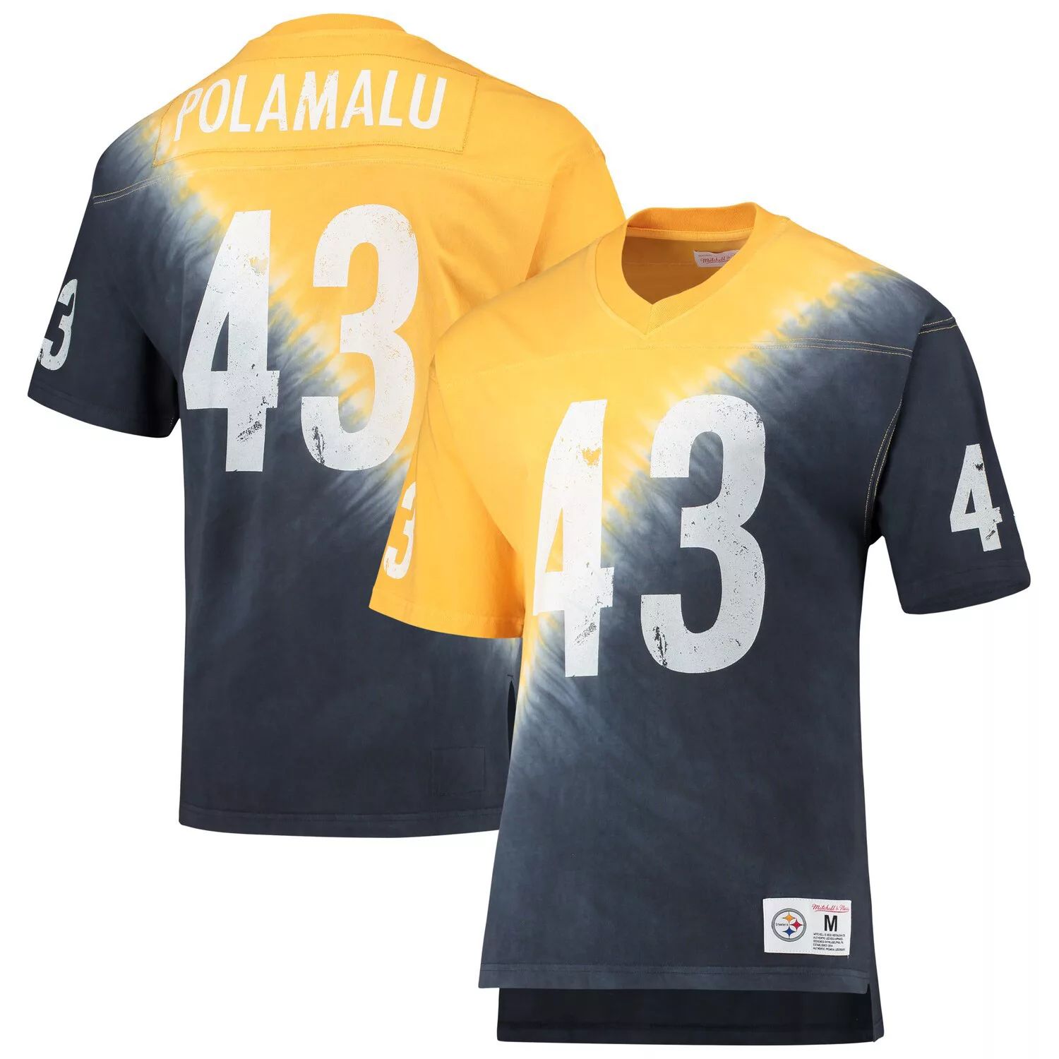 

Мужская футболка Mitchell & Ness Troy Polamalu Gold/Black Pittsburgh Steelers с именем и номером игрока в отставке, диагональная футболка с V-образным вырезом и узором тай-дай