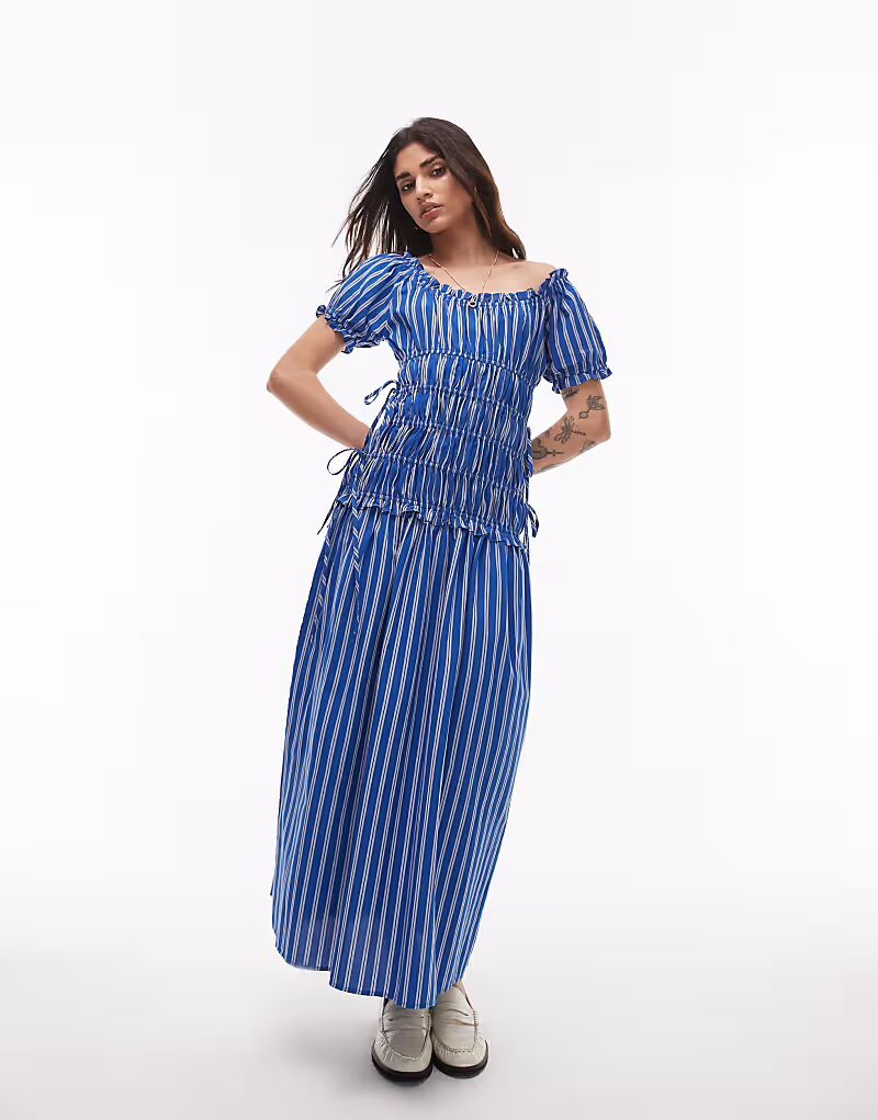 

Платье Topshop с рукавами-крылышками, присборенное, с завязками по бокам, в синюю полоску