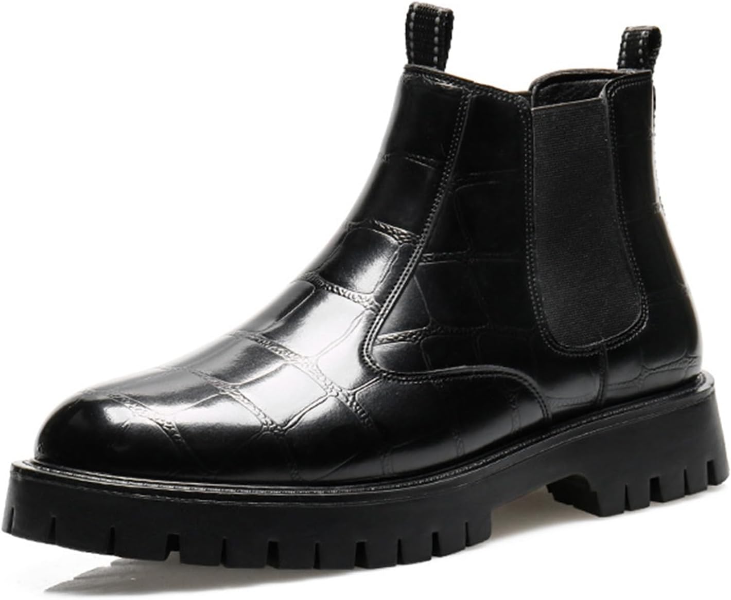

Мужские классические кожаные челси на высокой платформе с массивным каблуком, модная эластичная передняя часть, круглый носок, высокий верх Uzujbaa, черный