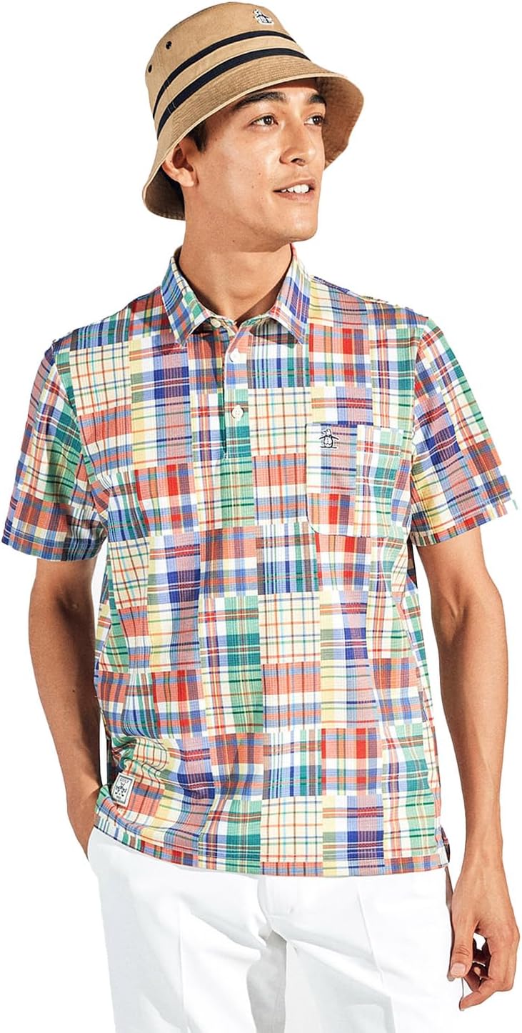 

Мужская рубашка с коротким рукавом Munsing Wear MG5SHS41M, воротник, клетка «Мадрас», впитывает пот, быстро сохнет, охлаждает, для игры в гольф Munsingwear, оранжевый