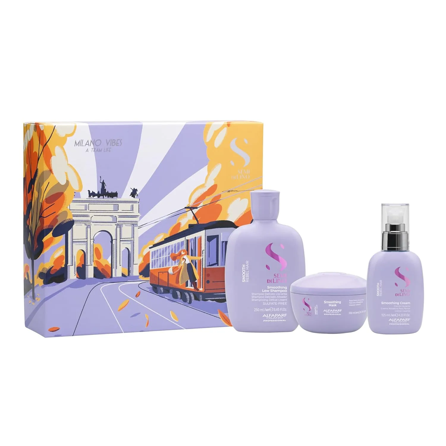 Подарочный набор Alfaparf Milano Semi di Lino Smooth для непослушных и вьющихся волос - шампунь без сульфатов, маска для волос и разглаживающий крем - против пушистости. — фото 4