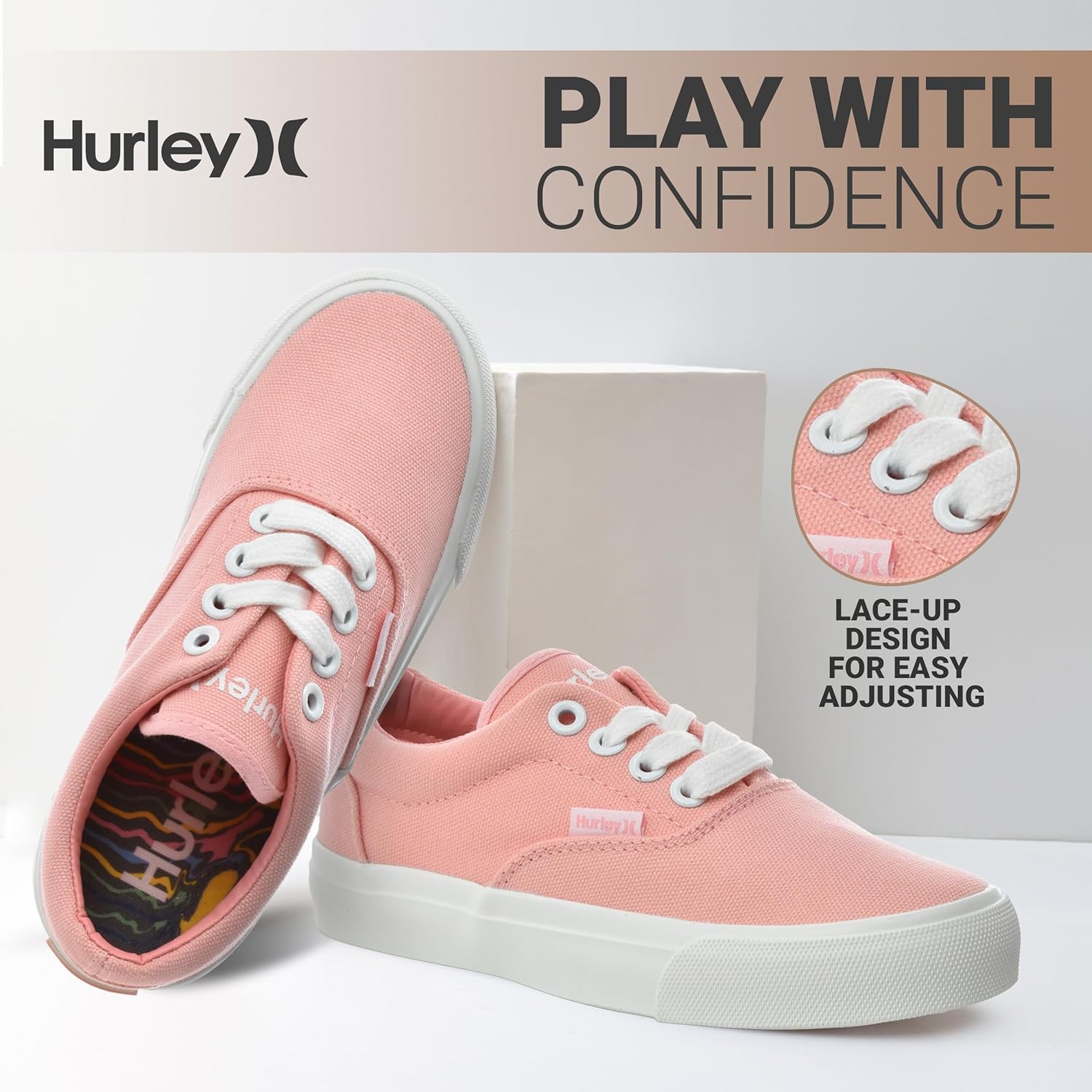 Детские кеды Hurley Marley на шнуровке - низкие кроссовки для скейтбординга для детей, спортивная обувь для мальчиков и девочек, белый/розовый — фото 2