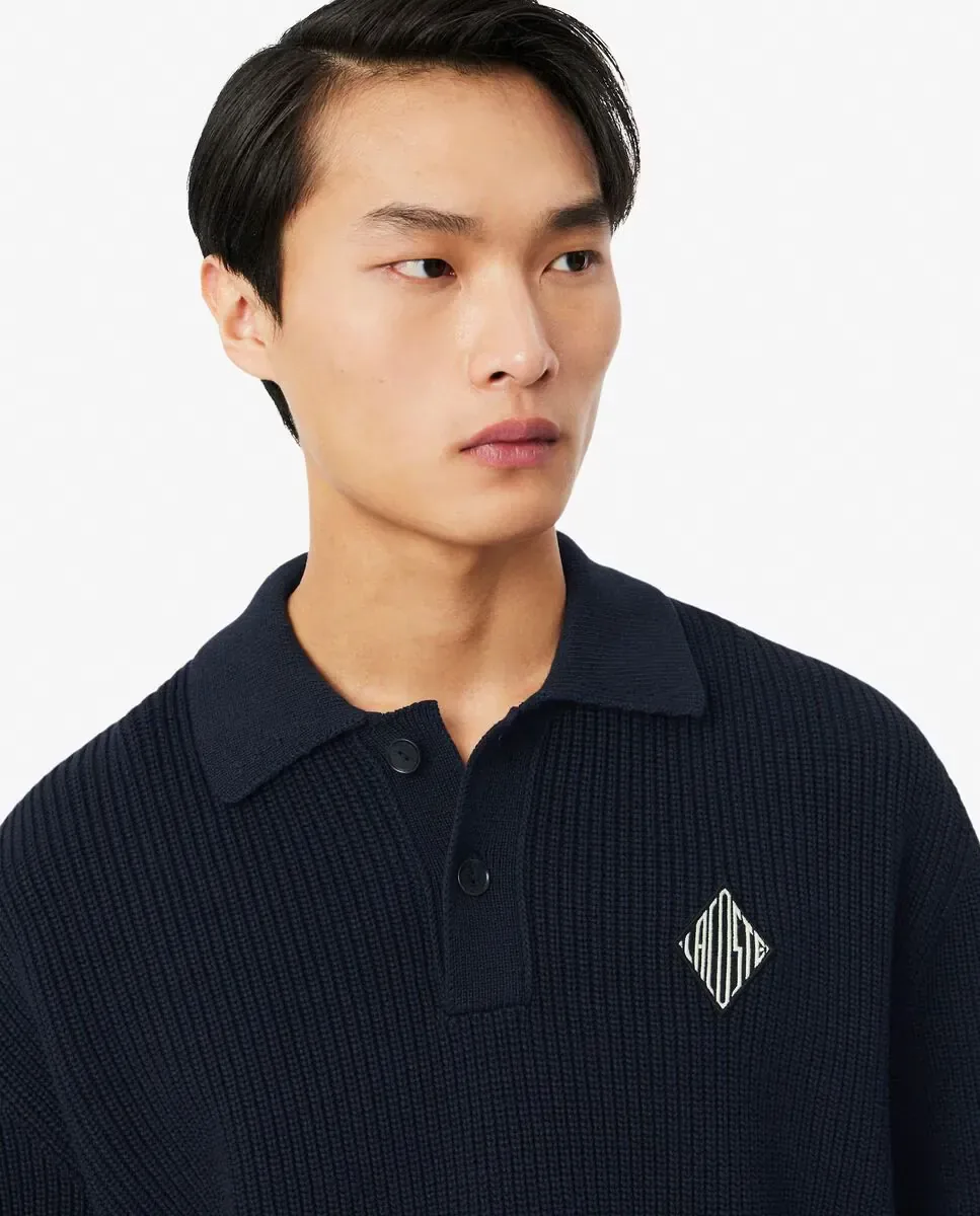 Мужской свитер в рубчик с жемчужным узором и нашивкой Lacoste, черный — фото 3