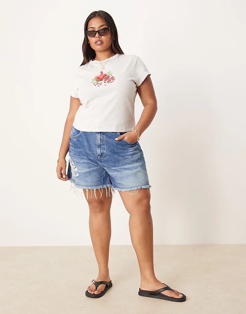 

Джинсовые шорты ASOS DESIGN Curve удлиненного А-силуэта, темного цвета, с рваным краем Asos Curve