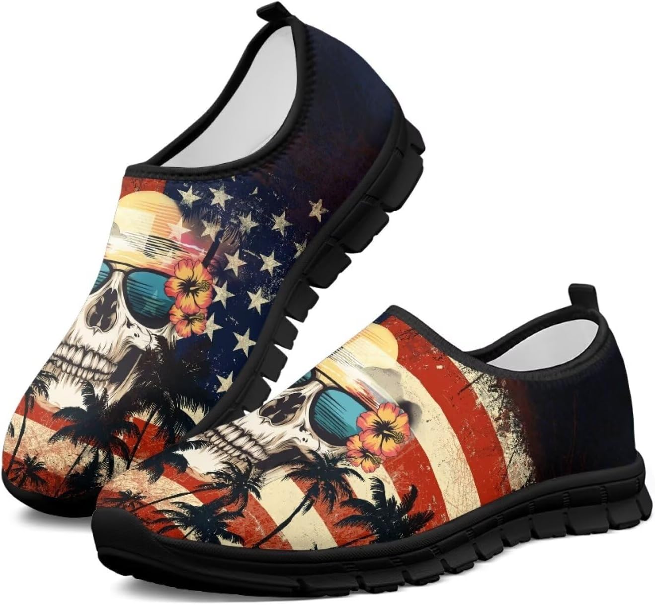 

Женские слипоны Бесподкладочные кроссовки для повседневной носки Дышащие кеды для бега, походов, прогулок и путешествий Chririnla, American Flag Skulls