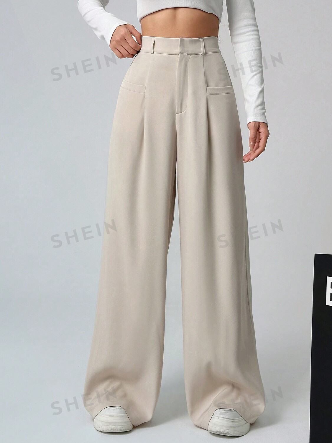 

EZwear Женские широкие брюки, однотонные, плиссированные Shein, абрикосовый