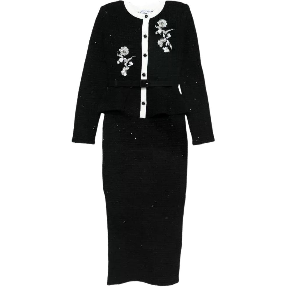 

Платье миди с вязаным узором и цветочной отделкой Self-portrait, черный