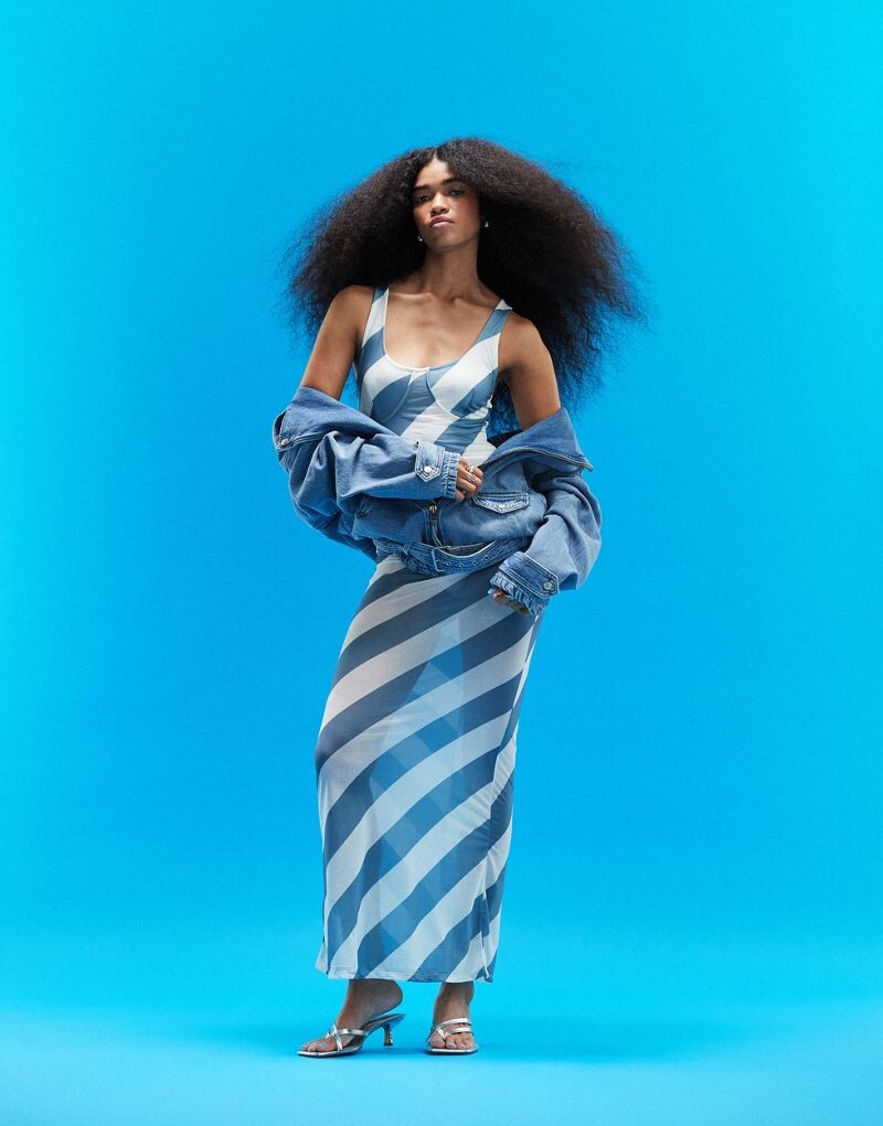 

Прозрачное платье макси с боди и чашками ASOS DESIGN в зеленую полоску
