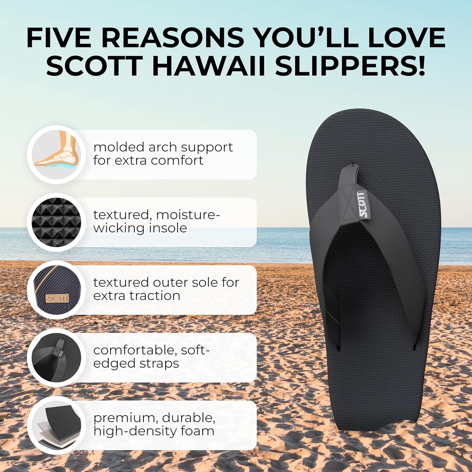 Сандалии Scott Hawaii Makaha, Индивидуально сформированная подошва с поддержкой свода, Рекомендовано подиатрами, черный — фото 3