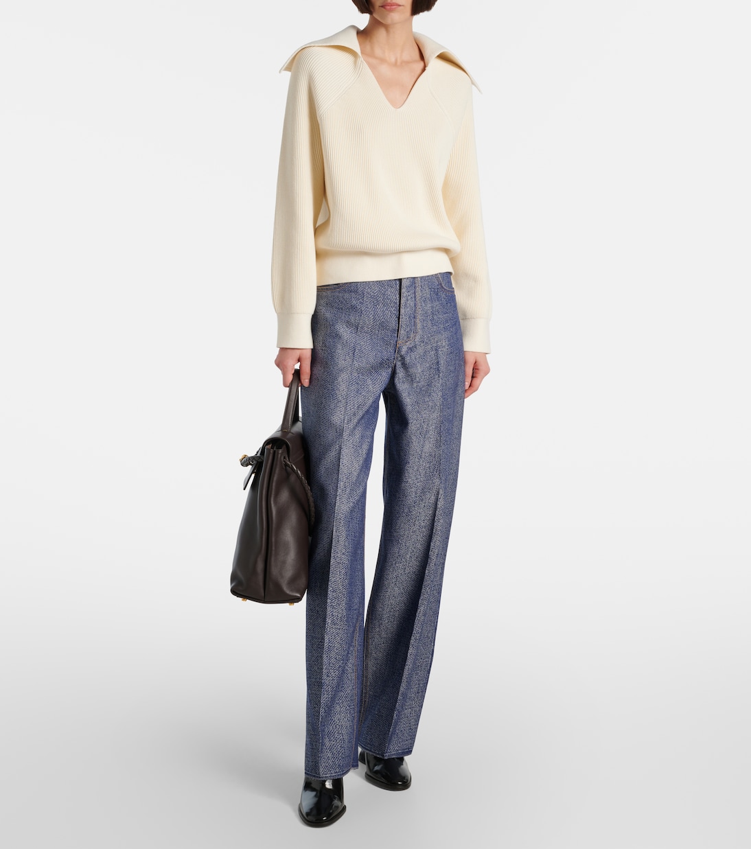 Брюки с эффектом тромплёй из шерсти и хлопка с широкими штанинами Bottega Veneta, Blue/White — фото 2